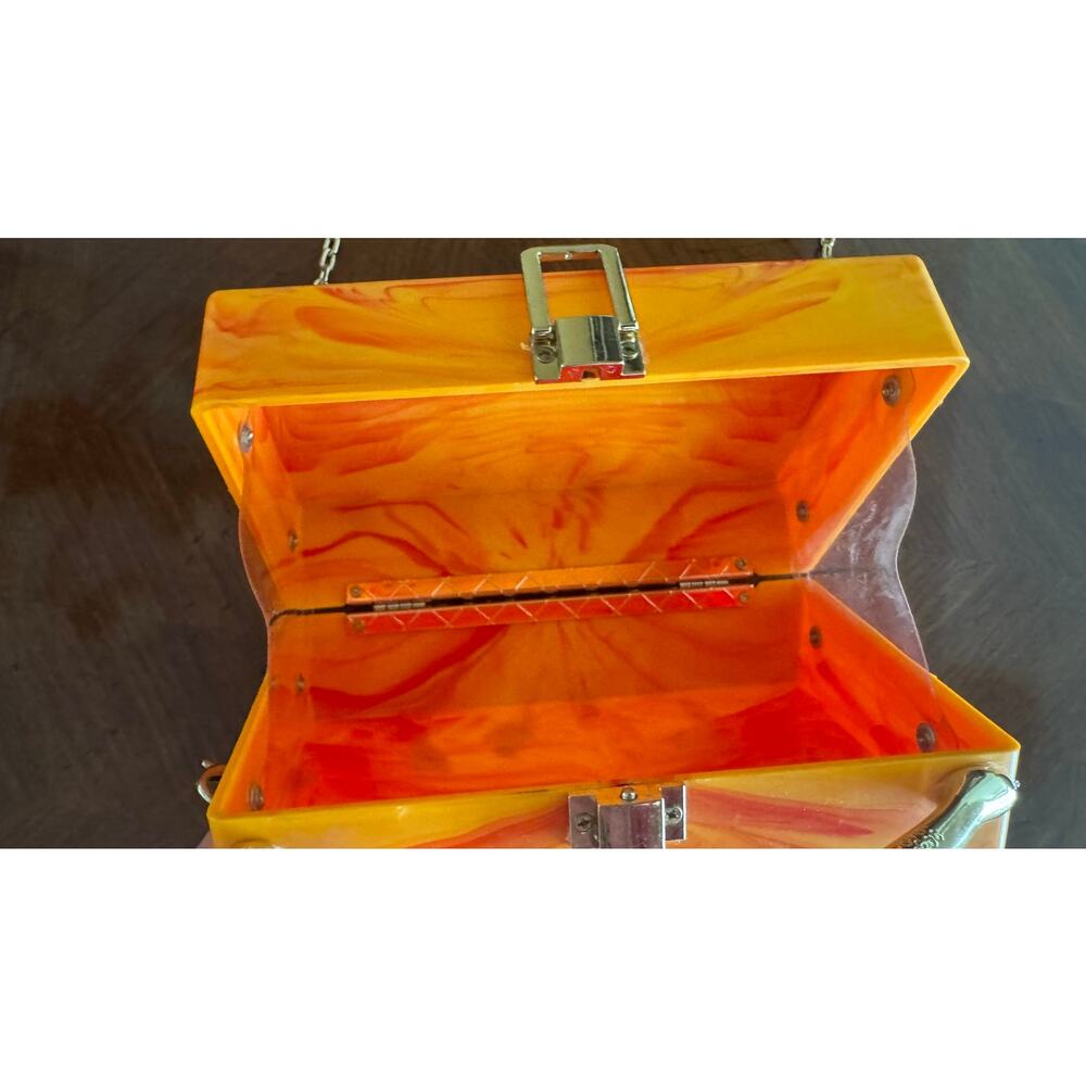 Orange Marbled Panther Handle Box Clutch Minaudiere Chain Purse - Picture 9 of 12